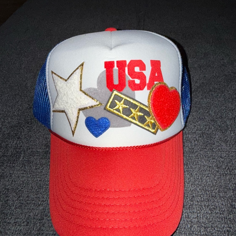 Patriotictr Trucker hat with Red, Blue, and Gold Accents